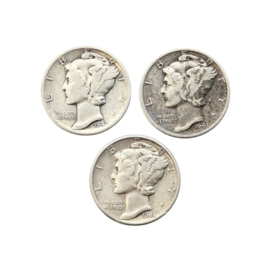 Lot of 3 Silver Mercury Dimes - 1942, 1943, 1944
