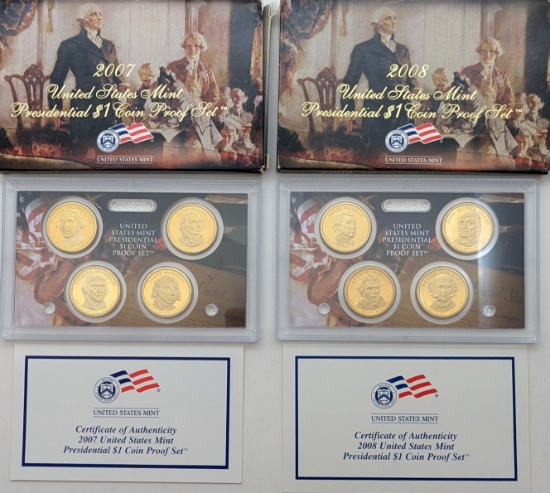 Lot of 2 US Mint Presidential Dollar Proof Sets w/ COAs - 2007, 2008