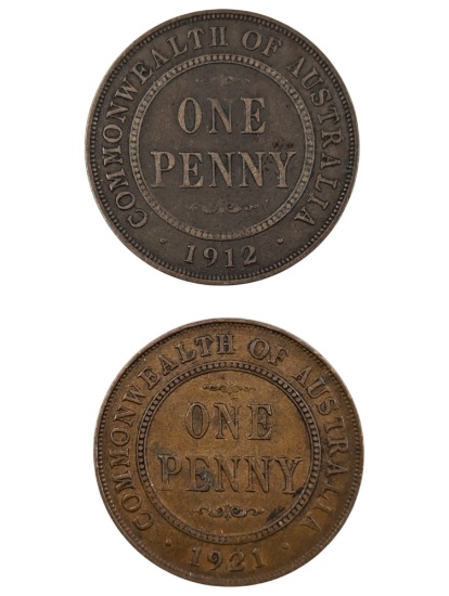 Lot of 2 Commonwealth of Australia Pennies - 1912, 1921