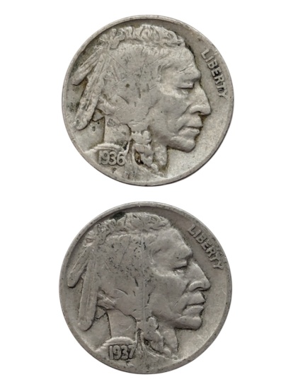 Lot of 2 Buffalo Head Nickels - 1936, 1937