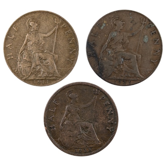 Lot of 3 UK Half Pennies - 1911-1928