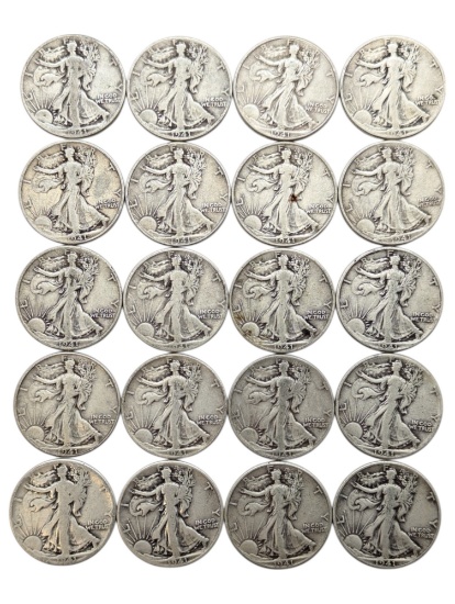 Lot of 20 Silver Walking Liberty Half Dollars - 1941(19), 1941-D(1)