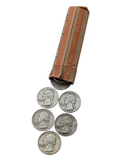 Roll of 40 Silver 1950s-1964 Washington Quarters