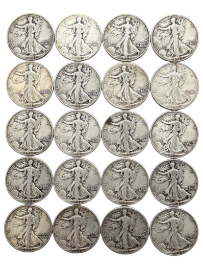 Lot of 20 Silver Walking Liberty Half Dollars - All 1942