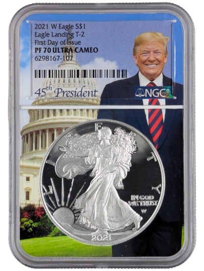NGC 2021-W PF70 American Silver Eagle Dollar - Ultra Cameo - Trump 45th President