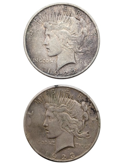 Lot of 2 Silver Peace Dollars - 1922-D, 1923-S