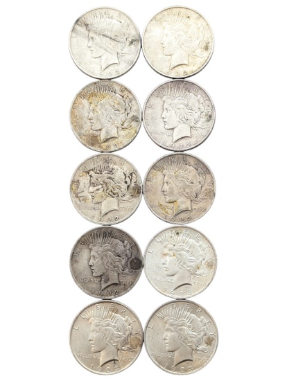 Lot of 10 Silver Peace Dollars - 1922-1923