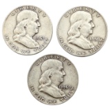Lot of 3 Silver Franklin Half Dollars - 1957-D, 1958-D, 1959-D