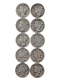 Lot of 10 Silver Mercury Dimes - 1936-1945
