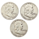 Lot of 3 Silver Franklin Half Dollars - 1952, 1953-D, 1954