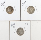 Lot of 3 Silver Mercury Dimes - 1944 P/D/S