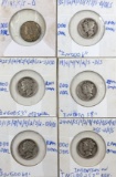 Lot of 6 Silver Mercury Dimes - 1937-1945