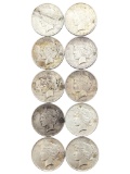 Lot of 10 Silver Peace Dollars - 1922-1923