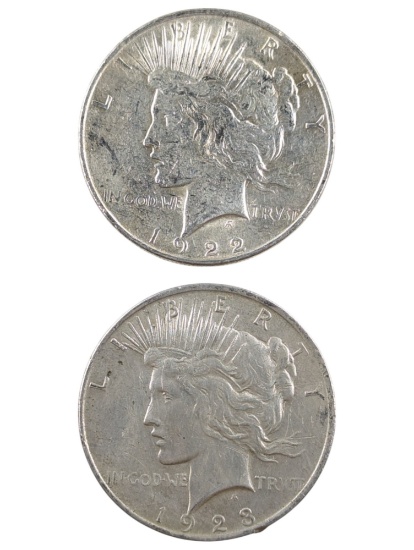 Lot of 2 Silver Peace Dollars - 1922, 1923