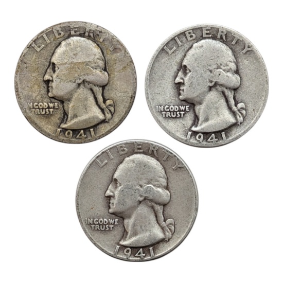 Lot of 3 Silver Washington Quarters - 1941 P/D/S