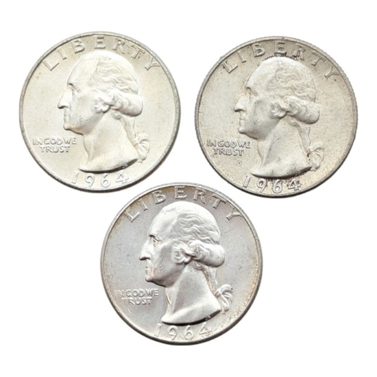 Lot of 3 Silver Washington Quarters - 1964(2), 1964-D