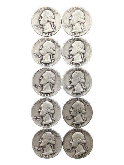 Lot of 10 Silver Washington Quarters - Consecutive 1940-1949
