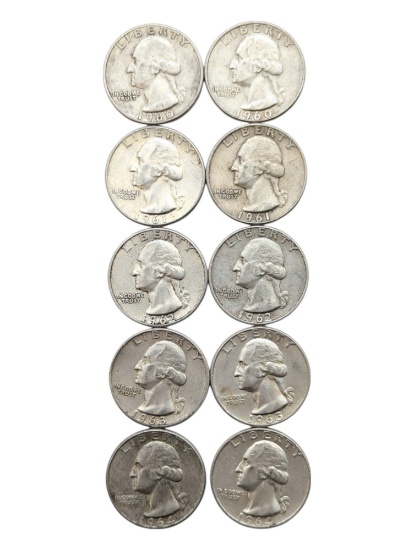 Lot of 10 Silver Washington Quarters - 1960-1964