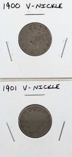 Lot of 2 Liberty V Nickels - 1900, 1901