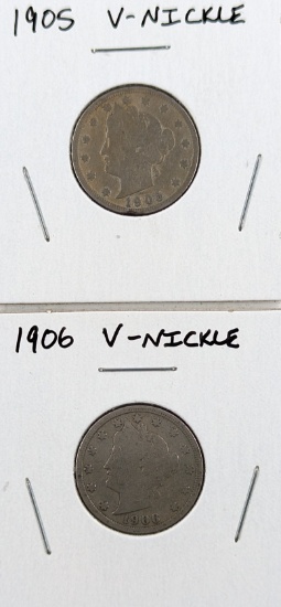 Lot of 2 Liberty V Nickels - 1905, 1906
