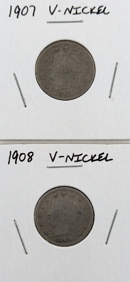 Lot of 2 Liberty V Nickels - 1907, 1908