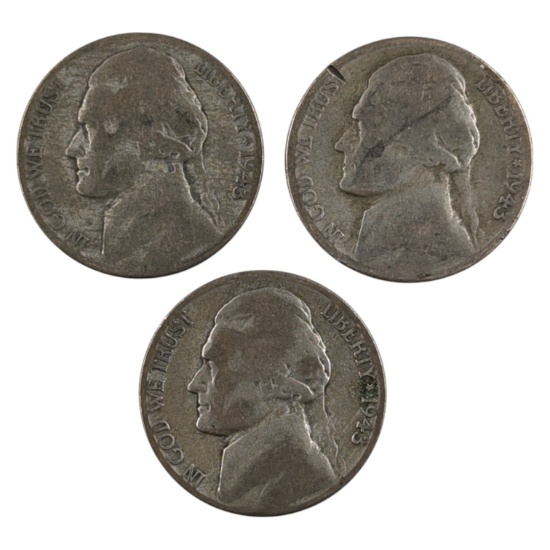 Lot of 3 Silver 1943 War Nickels
