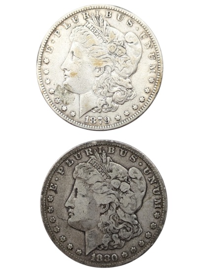 Lot of 2 Morgan Silver Dollars - 1879, 1880