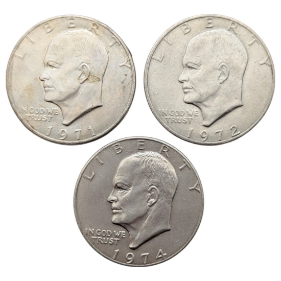 Lot of 3 Eisenhower "Ike" Dollars - 1971-1974