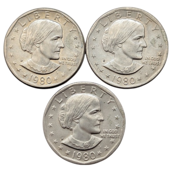 Lot of 3 Susan B. Anthony Dollars - 1980 P/D/S