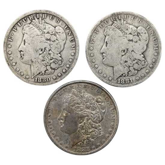 Lot of 3 Morgan Silver Dollars - 1880, 1881-O, 1882