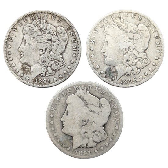 Lot of 3 Morgan Silver Dollars - 1891, 1896-O, 1897-O