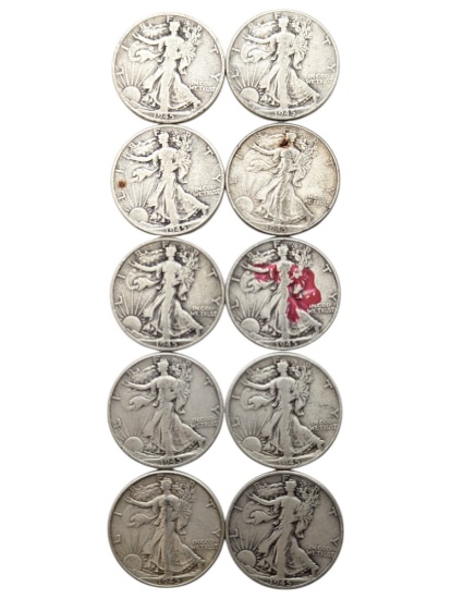 Lot of 10 Silver Walking Liberty Half Dollars - 1945 P/D/S