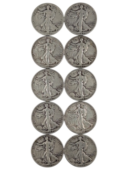 Lot of 10 Silver Walking Liberty Half Dollars - 1942 P/D/S