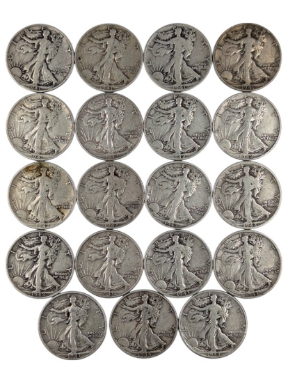 Lot of 19 Silver Walking Liberty Half Dollars - 1941-1944