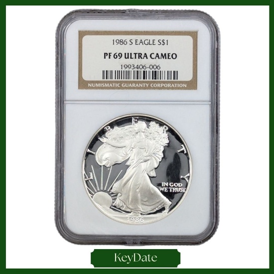NGC 1986-S PF69 American Silver Eagle Dollar - Proof Ultra Cameo - KEY DATE