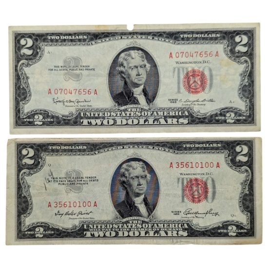Lot of 2 - $2 Notes - Red Seals - 1963 & 1953