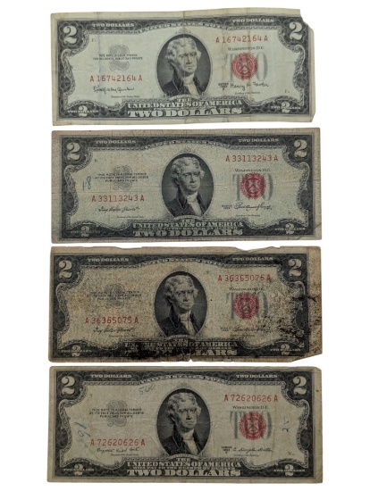 Lot of 4 - $2 Notes - Red Seals - 1963 & 1954
