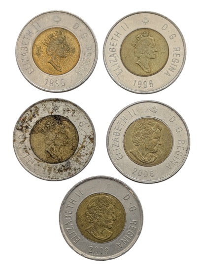 Lot of 5 Canada $2 Coins - 1996-2016