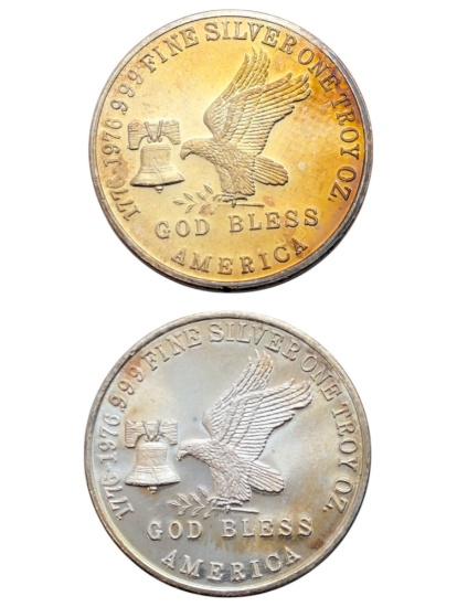 Lot of 2 - 1 Ounce (each) Fine .999 Silver Rounds - Tri-State refining - Toned