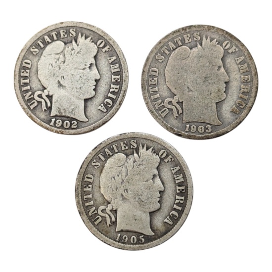 Lot of 3 Silver Barber Dimes - 1902, 1903-O, 1905