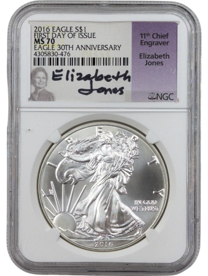 NGC 2016 MS70 American Silver Eagle Dollar - First Day of Issue - 11th Chief Engraver
