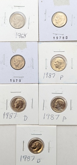 Lot of 7 Roosevelt Dimes - 1968-1987