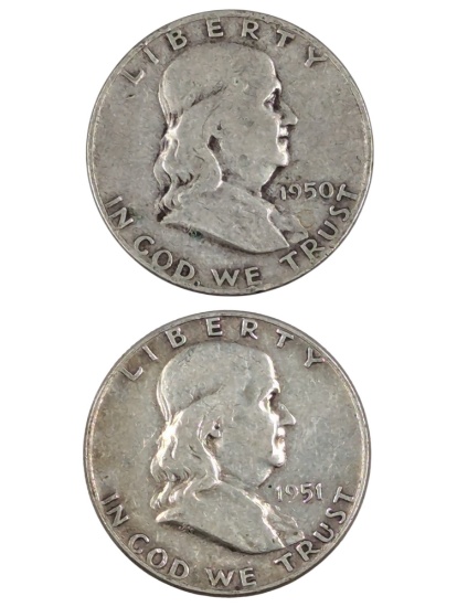 Lot of 2 Silver Franklin Half Dollars - 1950, 1951