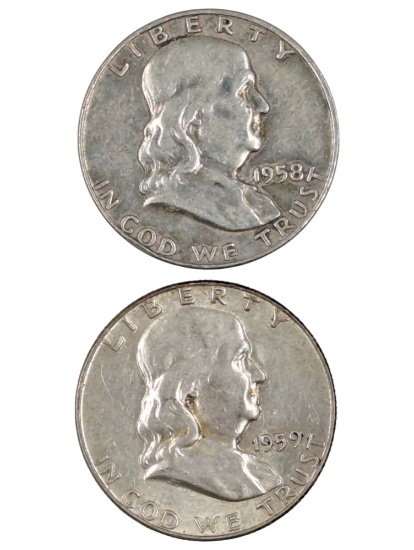 Lot of 2 Silver Franklin Half Dollars - 1958-D, 1959