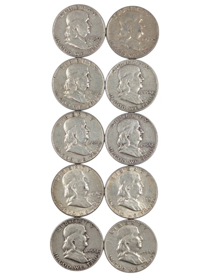 Lot of 10 Silver Franklin Half Dollars - 1954 P/D