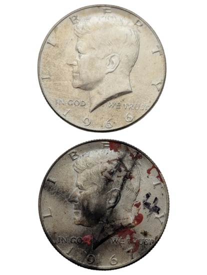 Lot of 2 Silver John F Kennedy Half Dollars - 1966, 1967