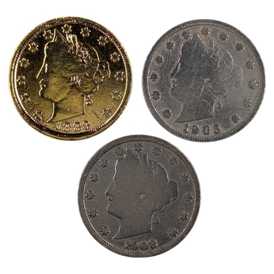 Lot of 3 Liberty V Nickels - 1883-1908