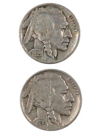Lot of 2 Buffalo Head Nickels - 1935, 1936