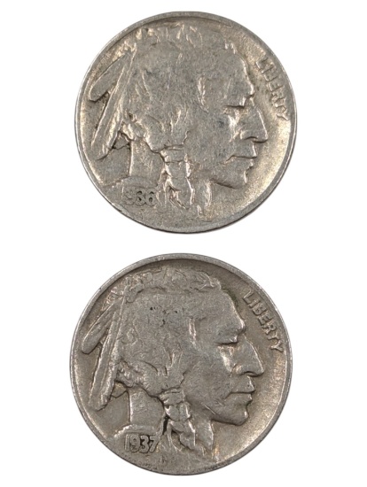 Lot of 2 Buffalo Head Nickels - 1936, 1937