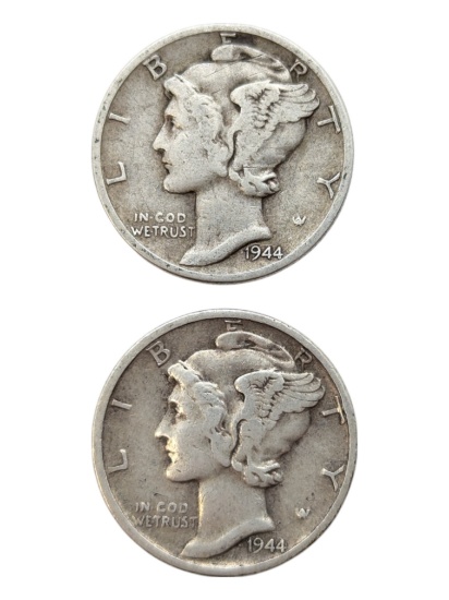 Lot of 2 Silver Mercury Dimes - 1944, 1944-D